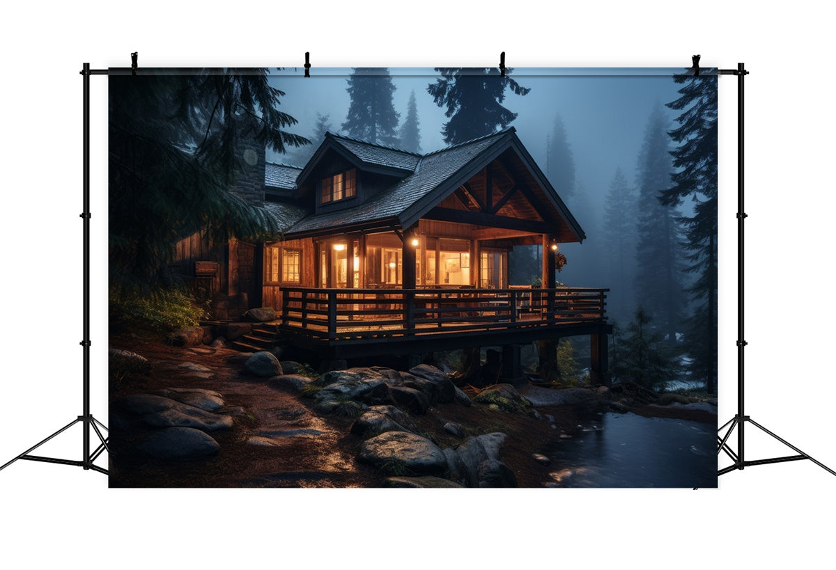 Forest Backdrop Photography Foggy Night Rustic Cabin Backdrop UK CJJ2-132