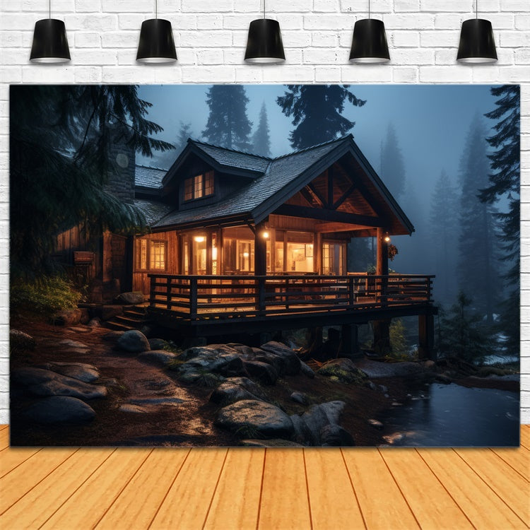 Forest Backdrop Photography Foggy Night Rustic Cabin Backdrop UK CJJ2-132