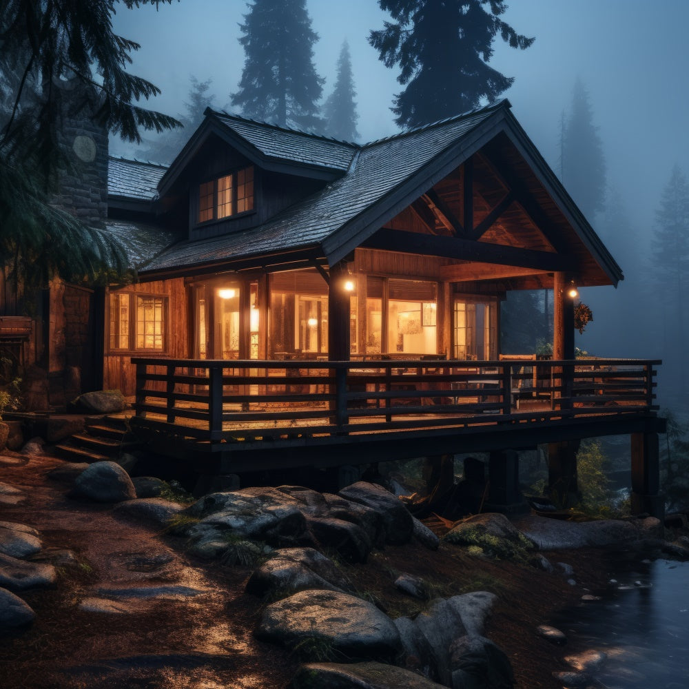 Forest Backdrop Photography Foggy Night Rustic Cabin Backdrop UK CJJ2-132