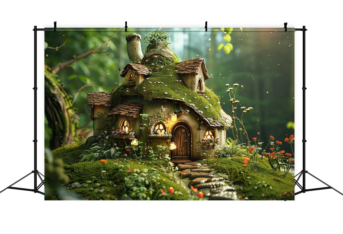 Forest Photo Backdrops Cozy Mossy Mushroom Cottage Backdrop UK CJJ2-135