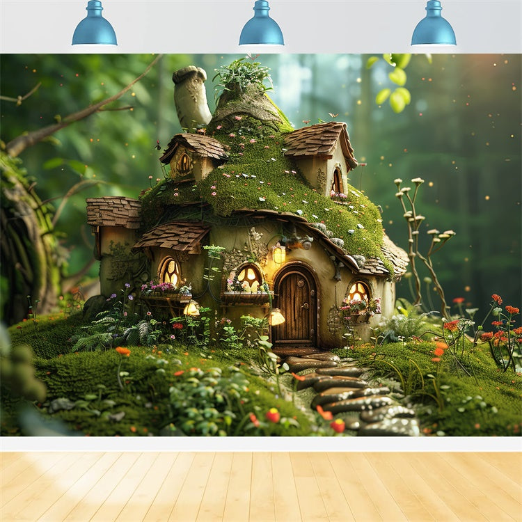 Forest Photo Backdrops Cozy Mossy Mushroom Cottage Backdrop UK CJJ2-135