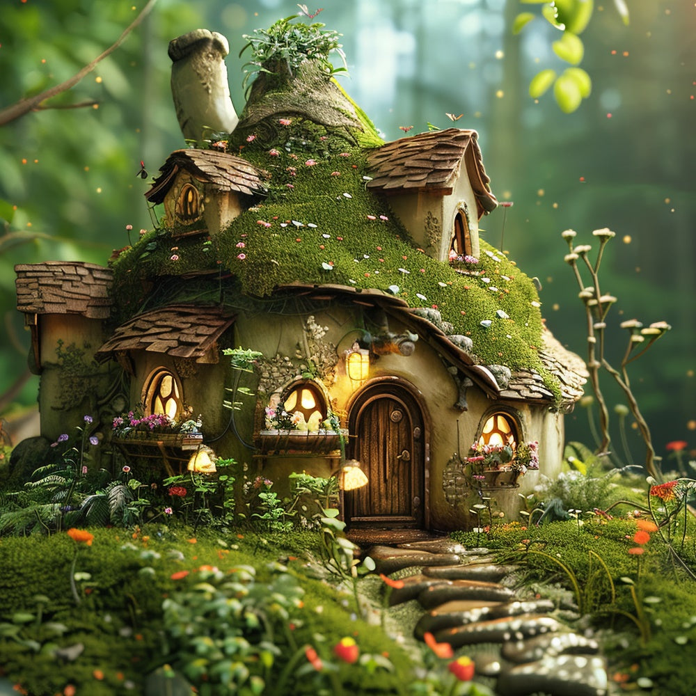 Forest Photo Backdrops Cozy Mossy Mushroom Cottage Backdrop UK CJJ2-135