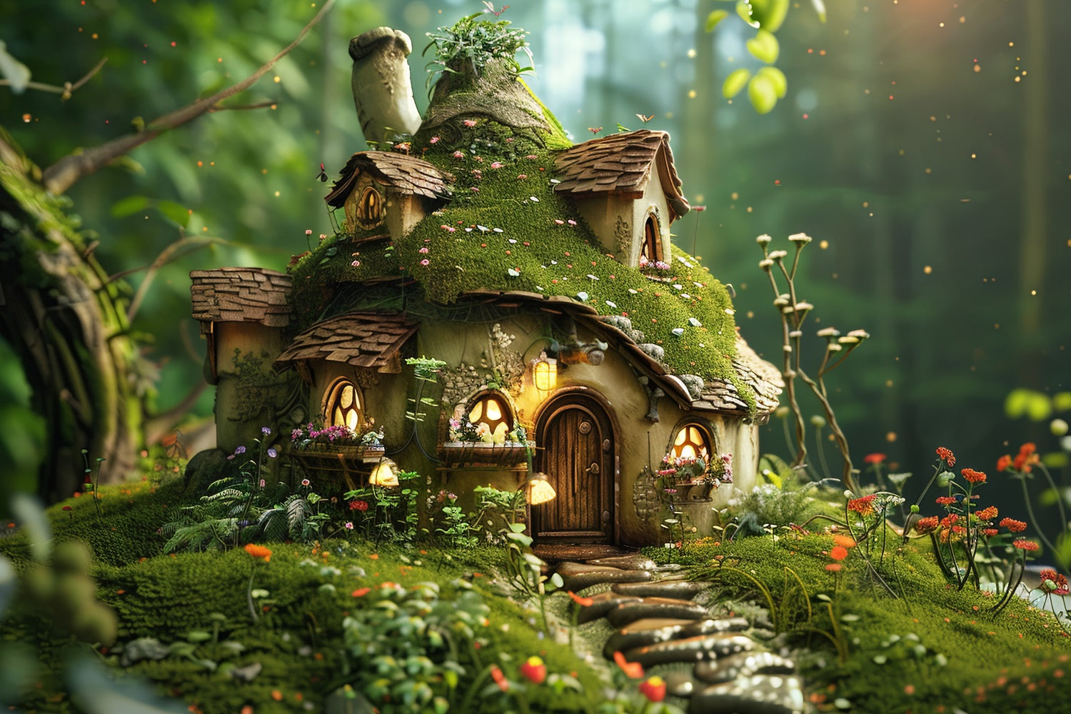 Forest Photo Backdrops Cozy Mossy Mushroom Cottage Backdrop UK CJJ2-135