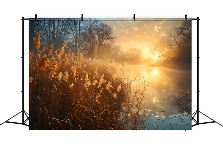 Forest Photography Backdrop Tranquil Reeds Sunlit Lake Backdrop UK CJJ2-136