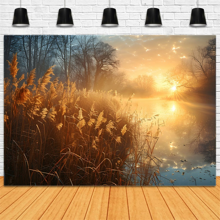 Forest Photography Backdrop Tranquil Reeds Sunlit Lake Backdrop UK CJJ2-136