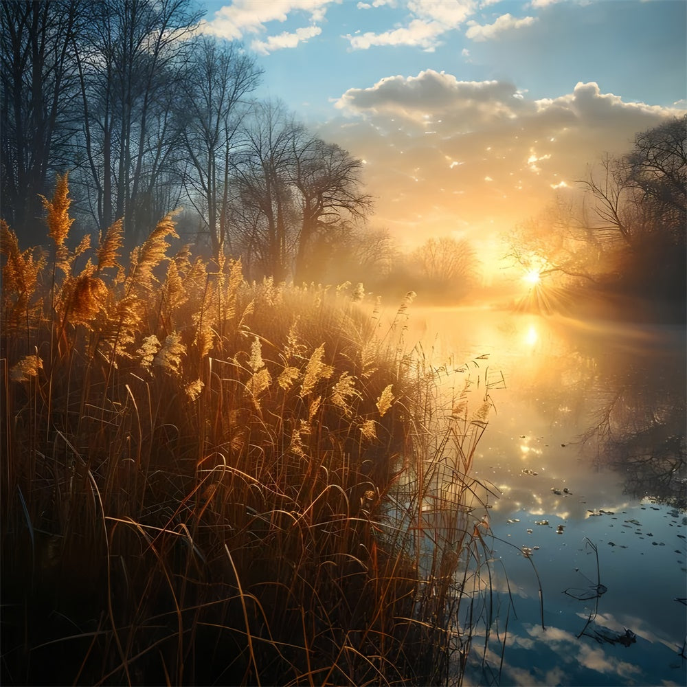 Forest Photography Backdrop Tranquil Reeds Sunlit Lake Backdrop UK CJJ2-136