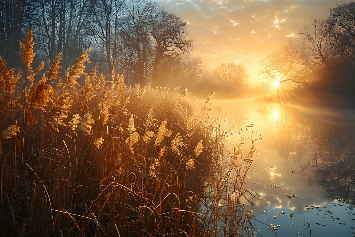 Forest Photography Backdrop Tranquil Reeds Sunlit Lake Backdrop UK CJJ2-136