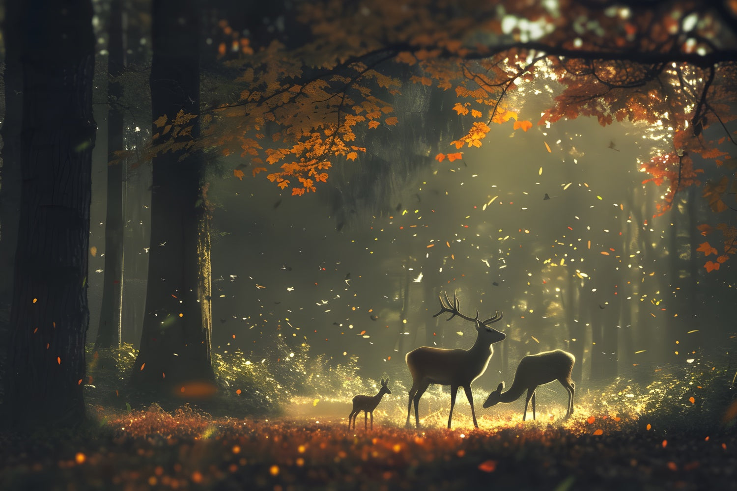 Autumn Forest Backdrop Autumn Sunlit Woods Deer Backdrop UK CJJ2-138