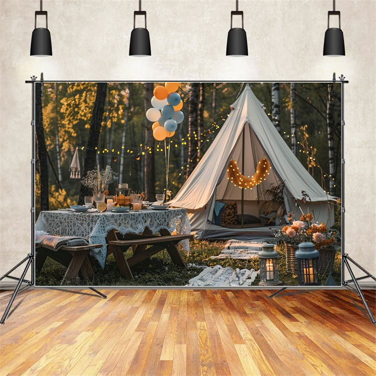 Photography Backdrop Forest Cozy Autumn Glamping Night Backdrop UK CJJ2-139