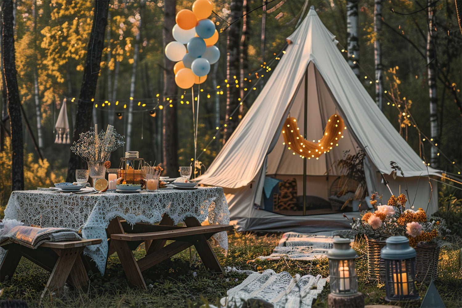 Photography Backdrop Forest Cozy Autumn Glamping Night Backdrop UK CJJ2-139