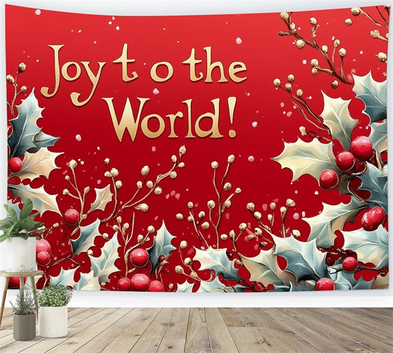 Joy to the World Backdrop Red Gold Holly Leaves Backdrop UK CJJ2-22