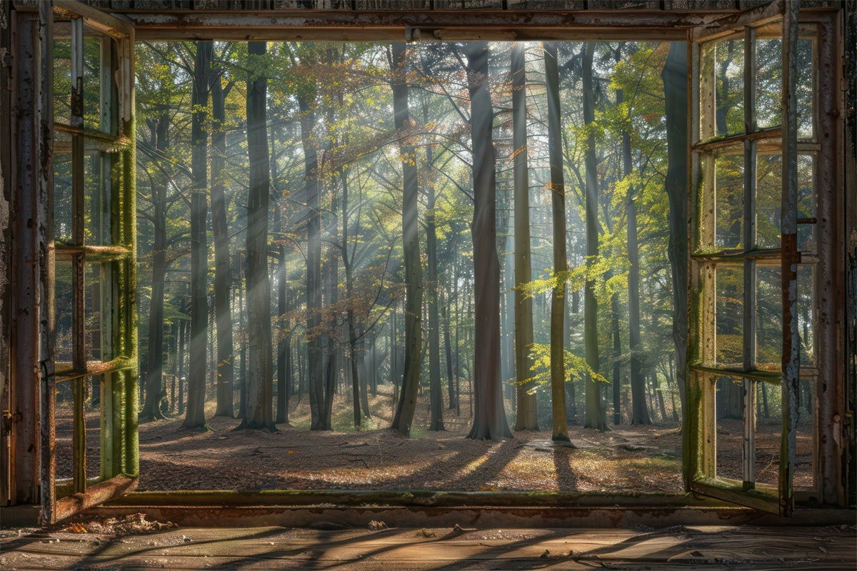 Forest Backdrop Ideas Vintage Cabin Window Sunbeams Backdrop UK CJJ2-31