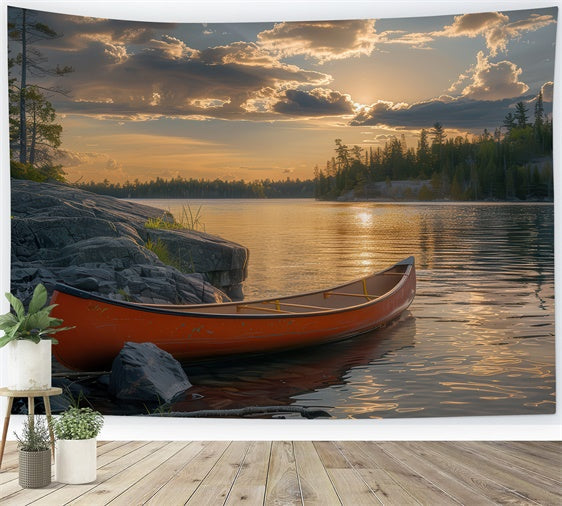 Photography Backdrop Forest Tranquil Dusk Canoe Shore Backdrop UK CJJ2-44