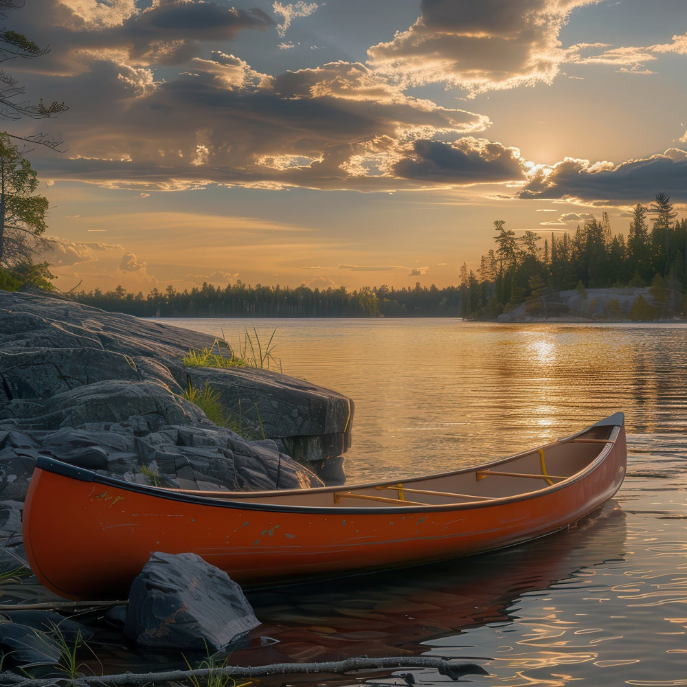 Photography Backdrop Forest Tranquil Dusk Canoe Shore Backdrop UK CJJ2-44