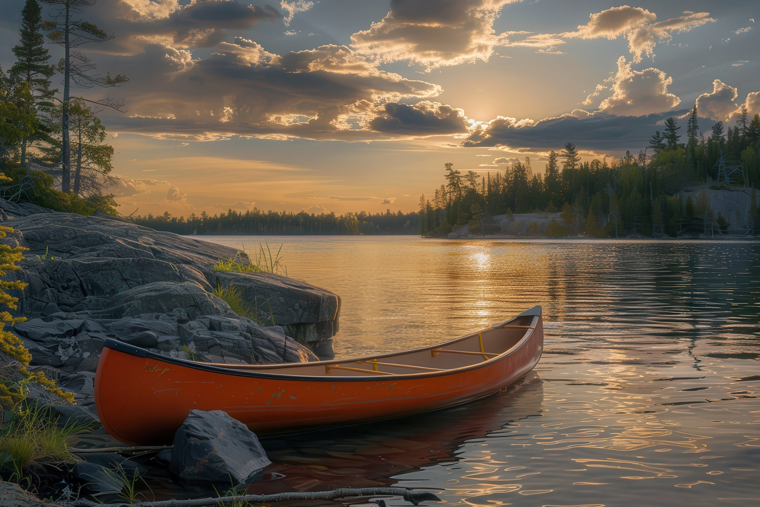 Photography Backdrop Forest Tranquil Dusk Canoe Shore Backdrop UK CJJ2-44