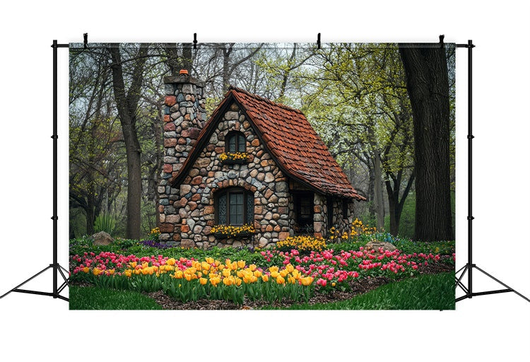 Forest Photo Backdrop Charming Flower Stone House Backdrop UK CJJ2-50