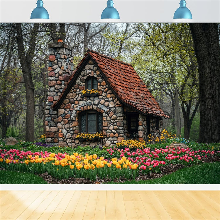 Forest Photo Backdrop Charming Flower Stone House Backdrop UK CJJ2-50