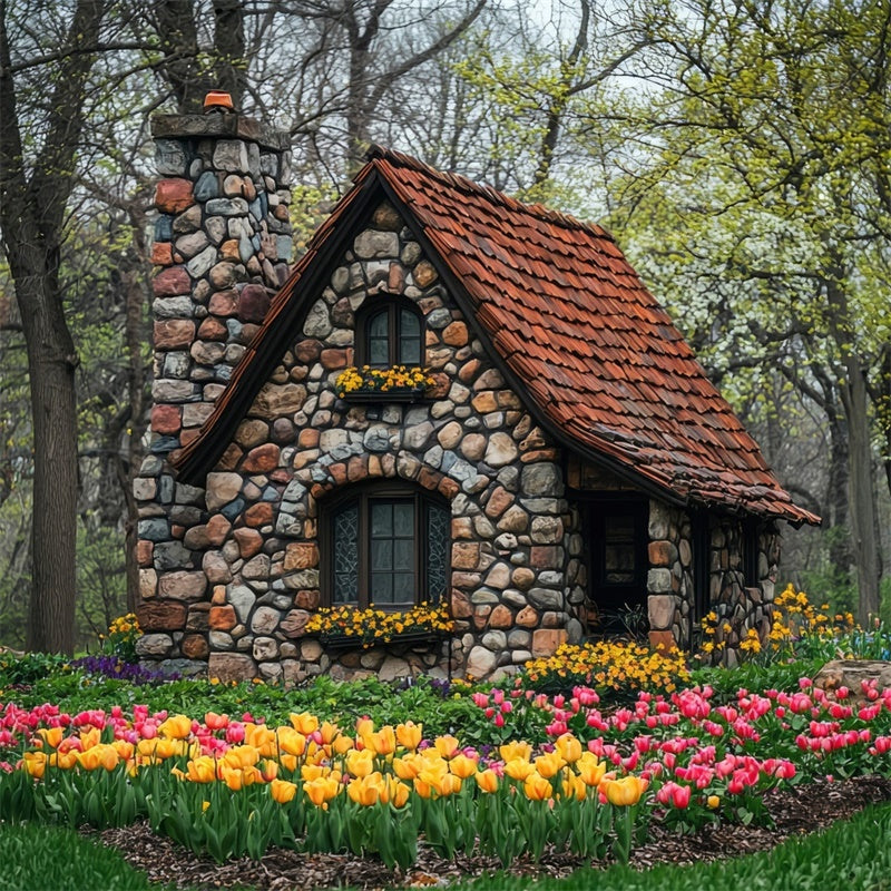 Forest Photo Backdrop Charming Flower Stone House Backdrop UK CJJ2-50