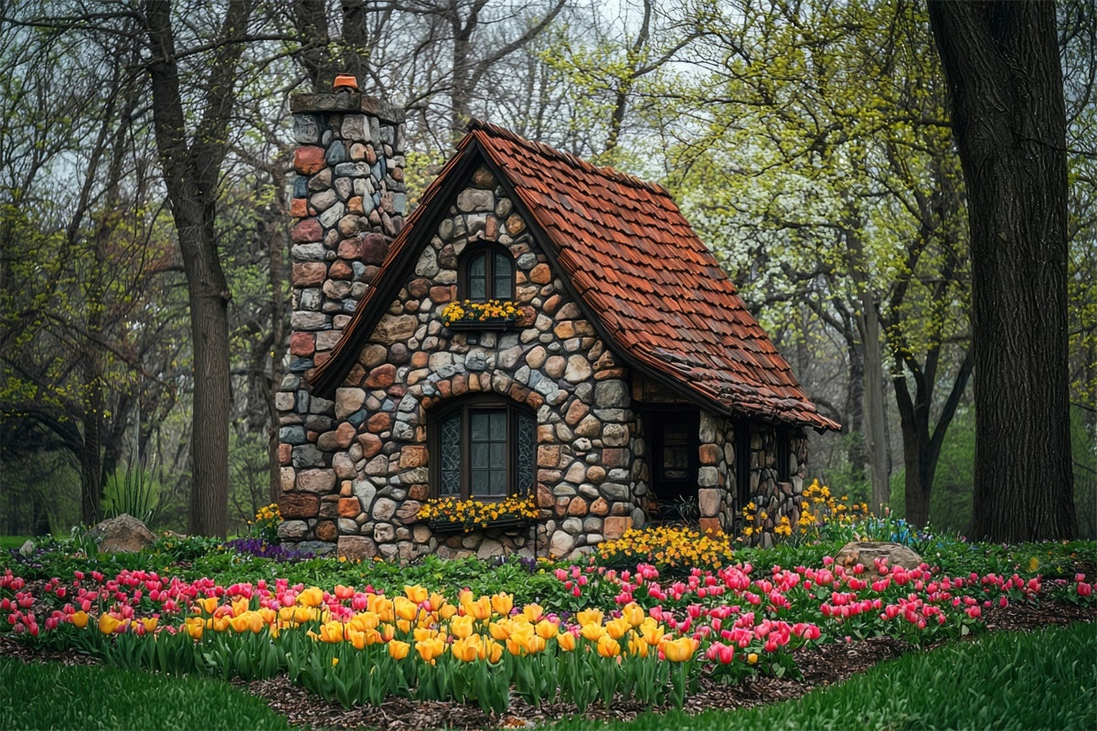 Forest Photo Backdrop Charming Flower Stone House Backdrop UK CJJ2-50