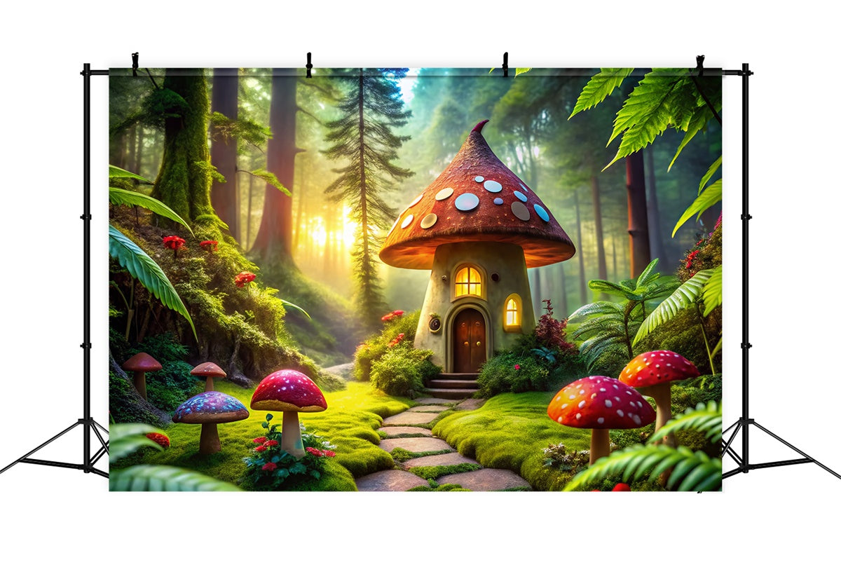 Fairy Tale Forest Backdrop Whimsical Mushroom House Backdrop UK CJJ2-51