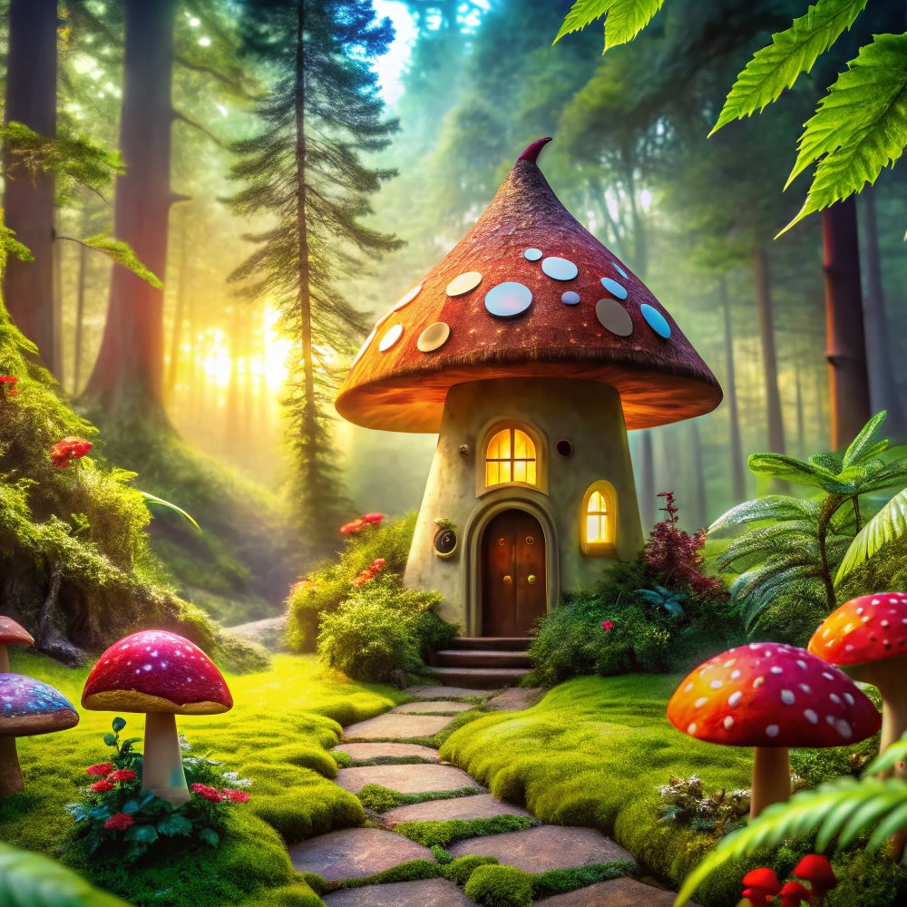 Fairy Tale Forest Backdrop Whimsical Mushroom House Backdrop UK CJJ2-51