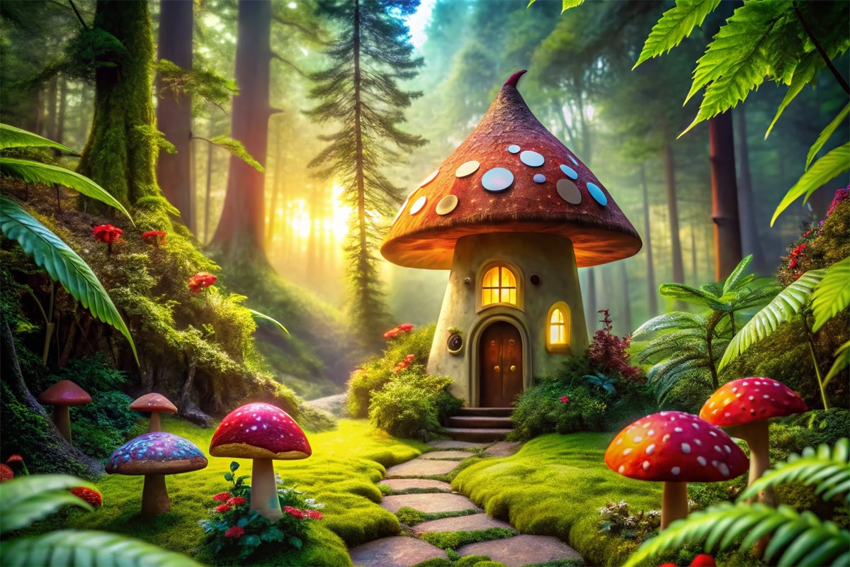 Fairy Tale Forest Backdrop Whimsical Mushroom House Backdrop UK CJJ2-51