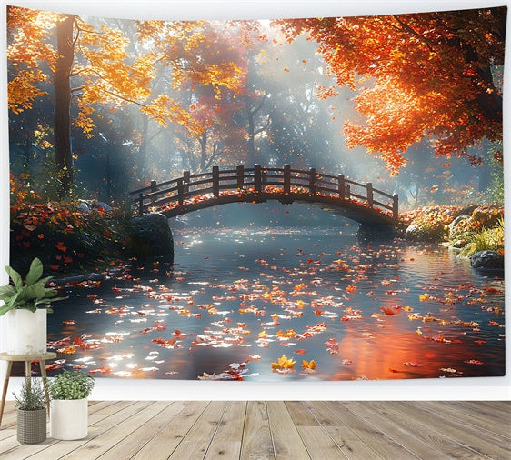 Autumn Forest Backdrop Tranquil Maple Leaves Bridge Backdrop UK CJJ2-52