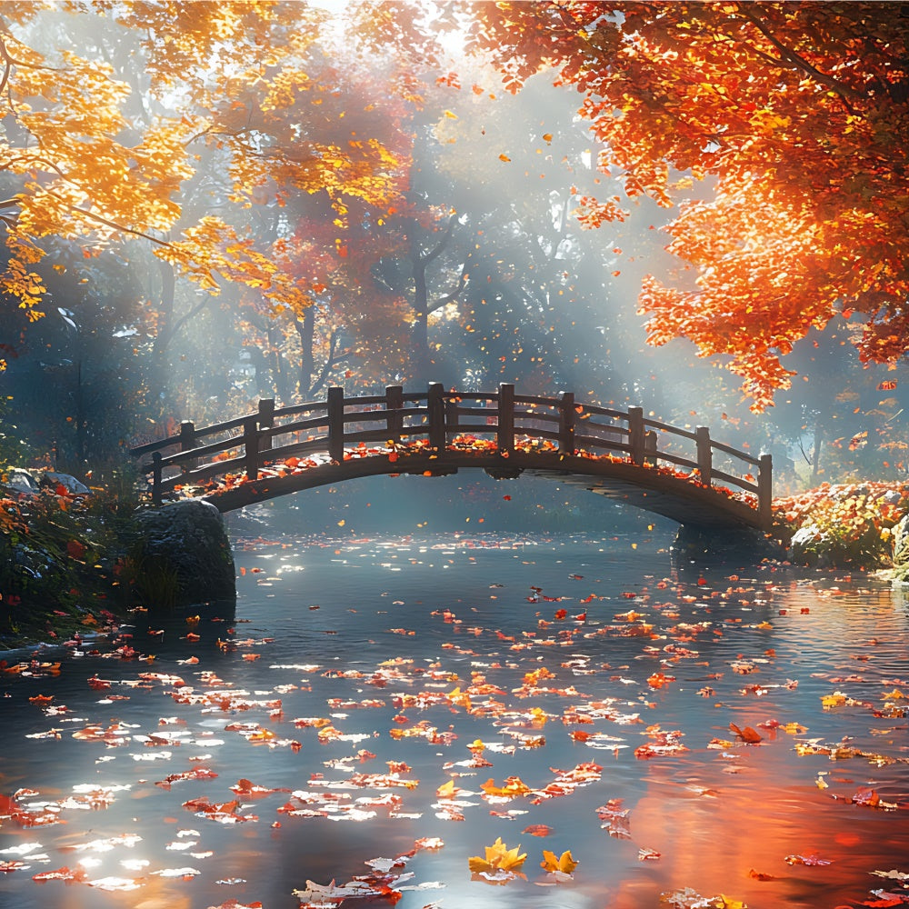 Autumn Forest Backdrop Tranquil Maple Leaves Bridge Backdrop UK CJJ2-52