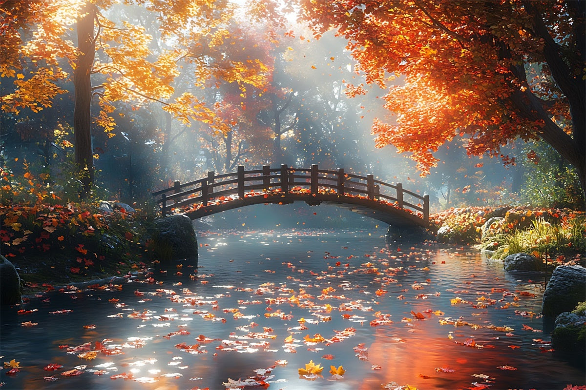 Autumn Forest Backdrop Tranquil Maple Leaves Bridge Backdrop UK CJJ2-52