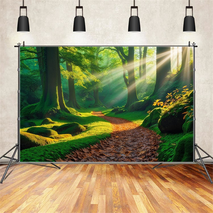 Forest Backdrop Photography Golden Sunbeam Mossy Path Backdrop UK CJJ2-53