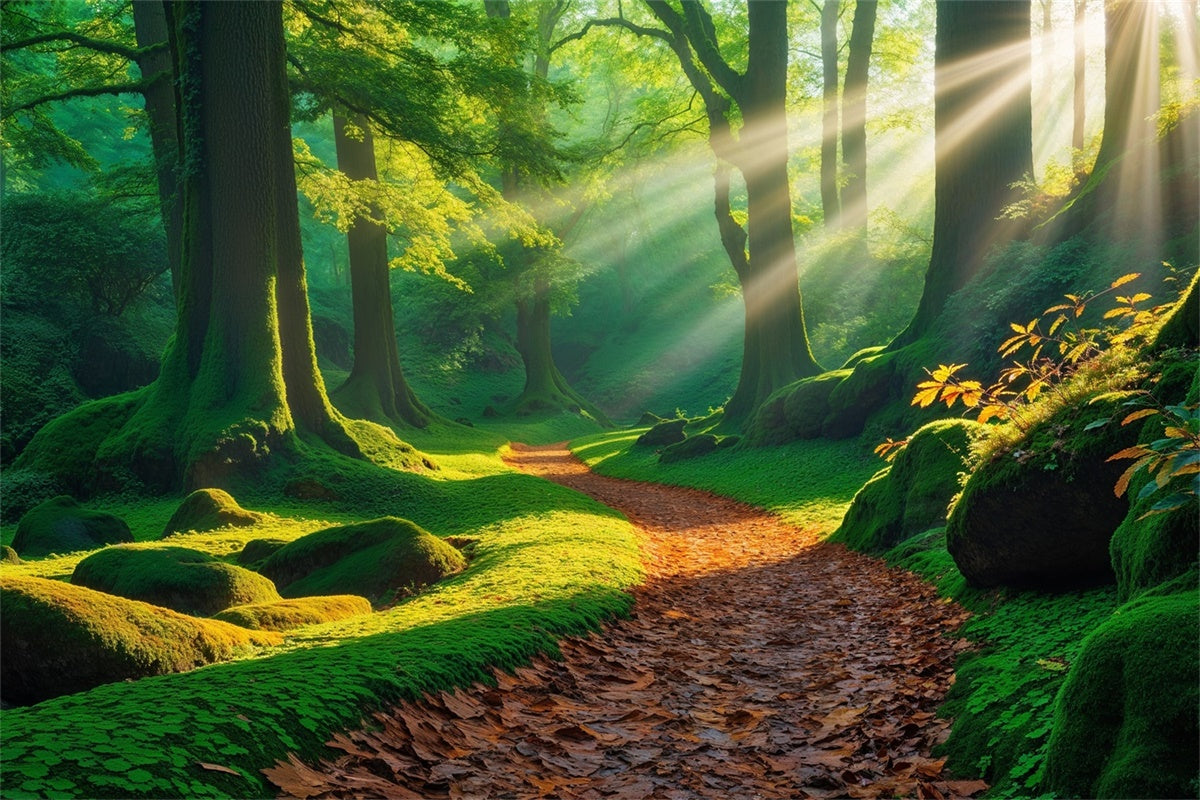 Forest Backdrop Photography Golden Sunbeam Mossy Path Backdrop UK CJJ2-53