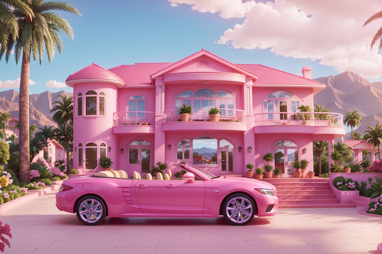 Pink Girl Backdrop House Backdrop Pink Mansion Car Backdrop UK CJJ2-83