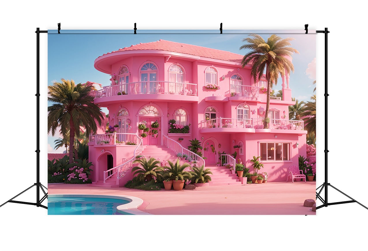 Pink Girl Backdrop House Backdrop Tropical Paradise Pink Villa Backdrop UK CJJ2-84