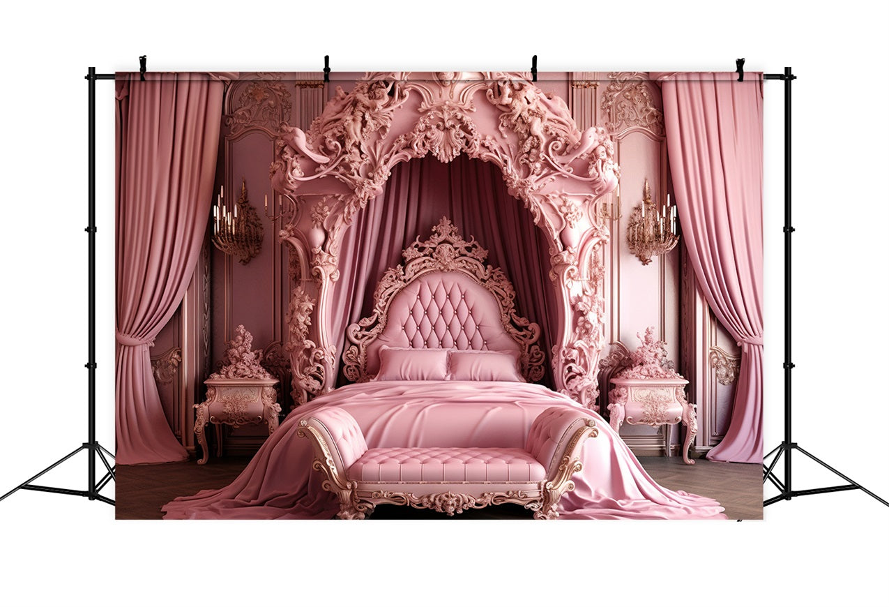 Pink Girl Dream House Backdrop Baroque Pink Bed Backdrop UK CJJ2-85