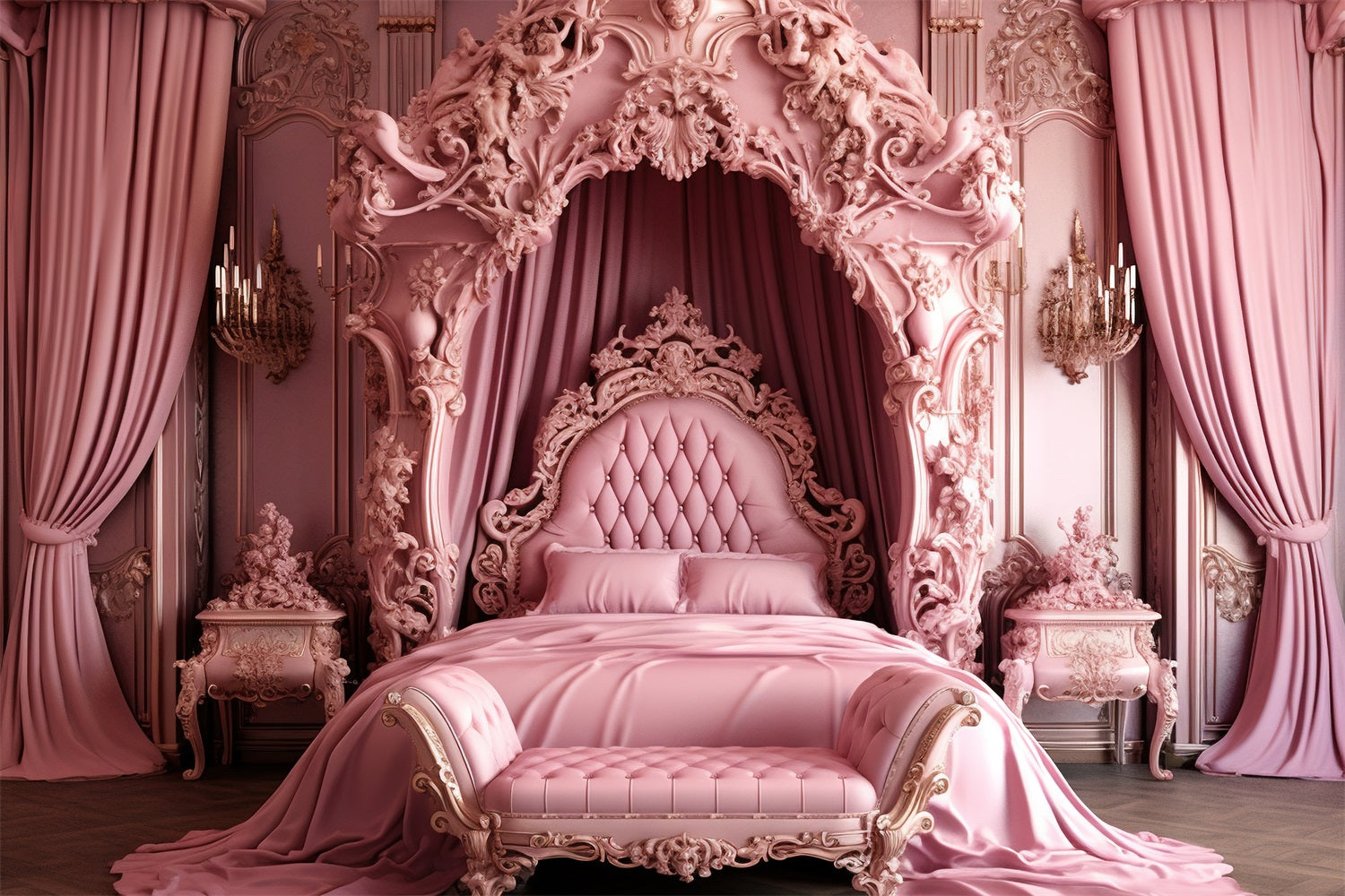 Pink Girl Dream House Backdrop Baroque Pink Bed Backdrop UK CJJ2-85