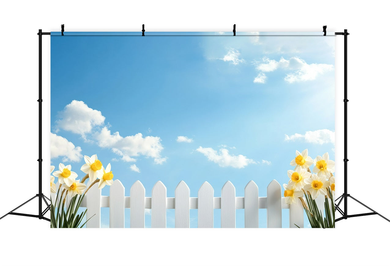 Daffodil Backdrop Blue Sky White Fence Flower Backdrop UK CJJ2-9