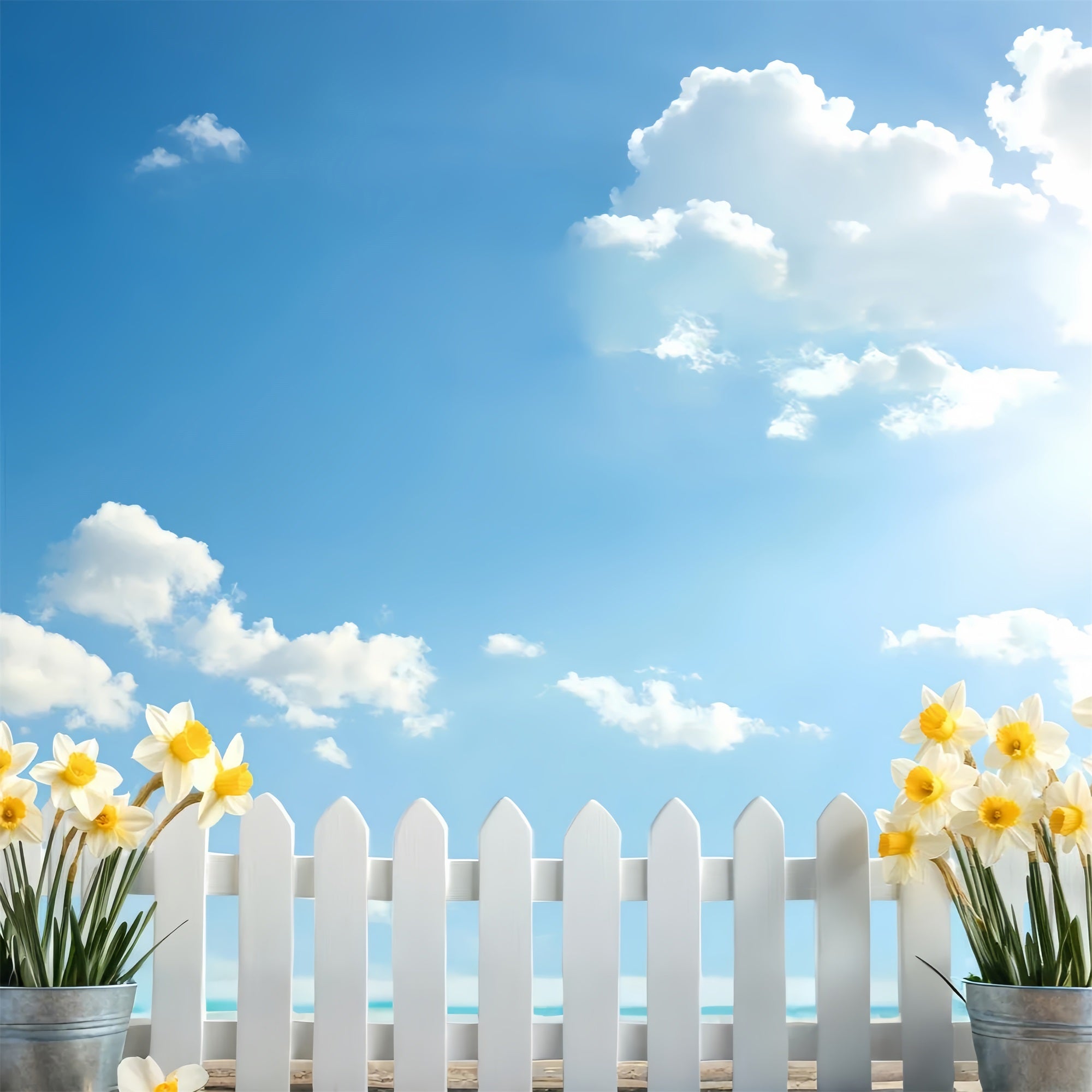 Daffodil Backdrop Blue Sky White Fence Flower Backdrop UK CJJ2-9