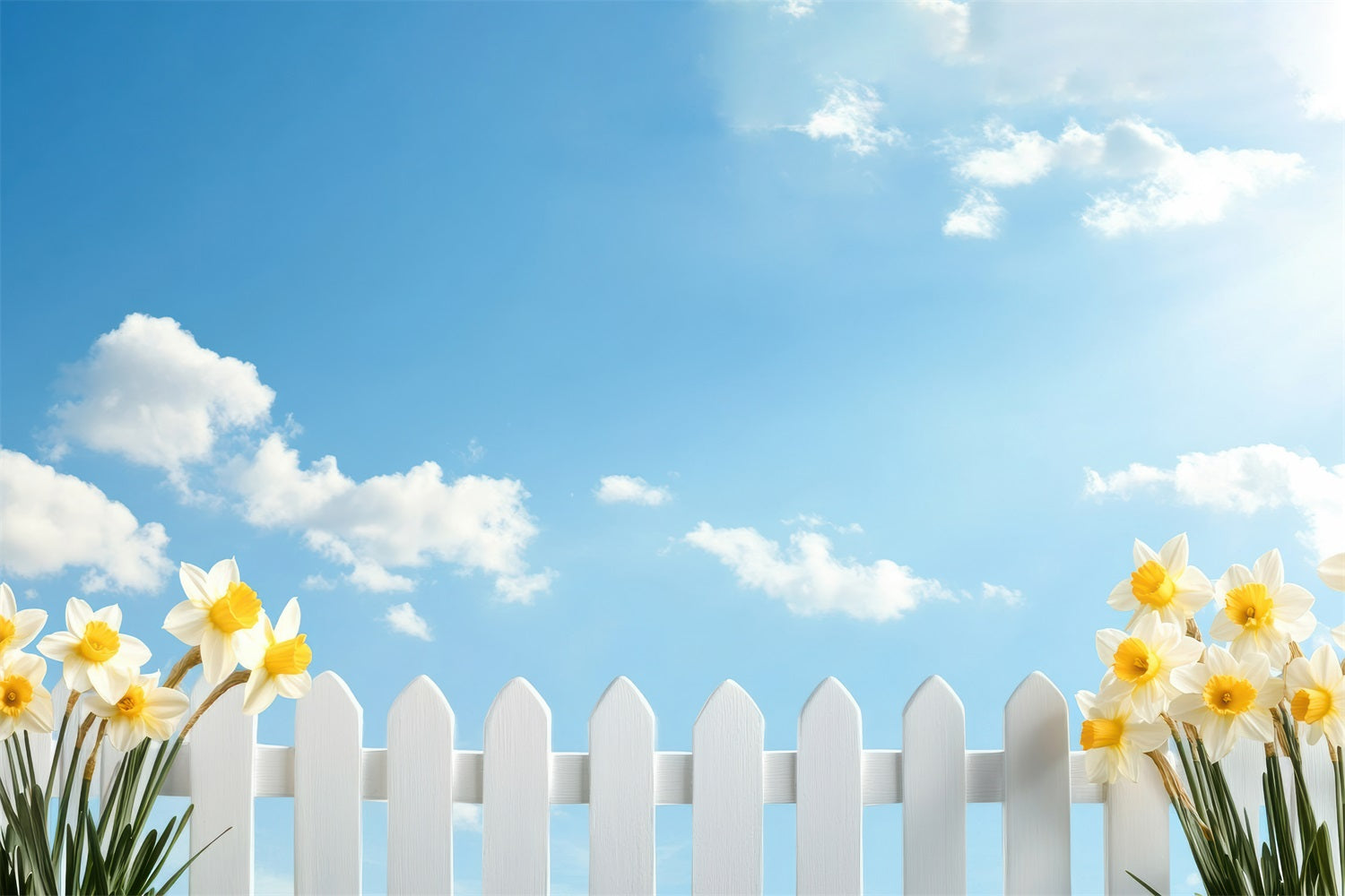 Daffodil Backdrop Blue Sky White Fence Flower Backdrop UK CJJ2-9