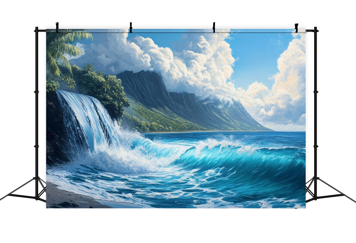 Beach Backdrop Ocean Waterfall Mountain View Summer Backdrop UK CJJ3-231
