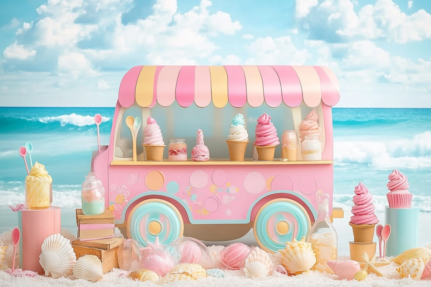 Beach Photography Backdrop Ice Cream Beach Summer Backdrop UK CJJ3-243