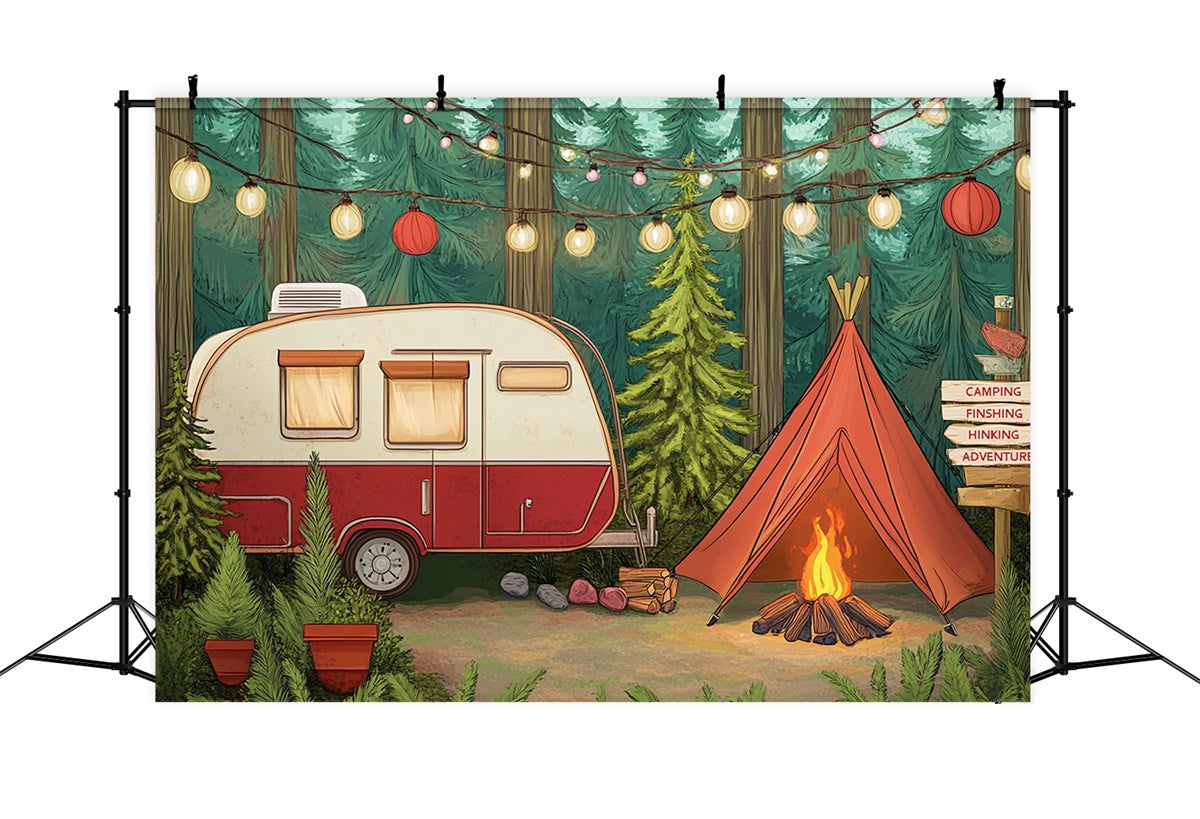 Summer Photo Backdrop Light Strings Cozy Camper Backdrop UK CJJ3-252