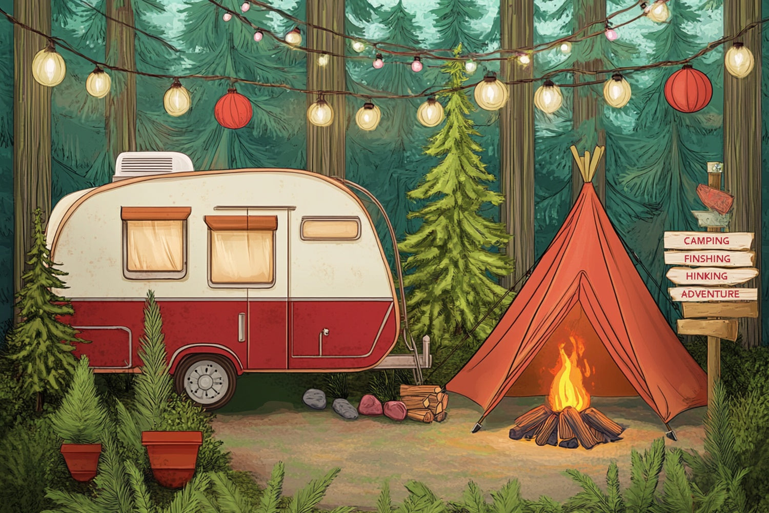 Summer Photo Backdrop Light Strings Cozy Camper Backdrop UK CJJ3-252