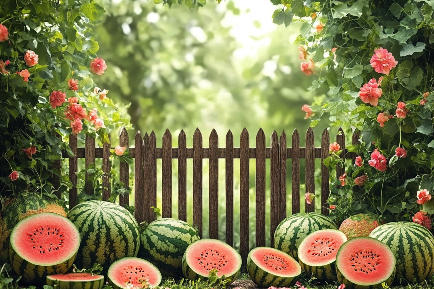 Watermelon Photography Backdrop Garden Fence Watermelon Summer Backdrop UK CJJ3-256