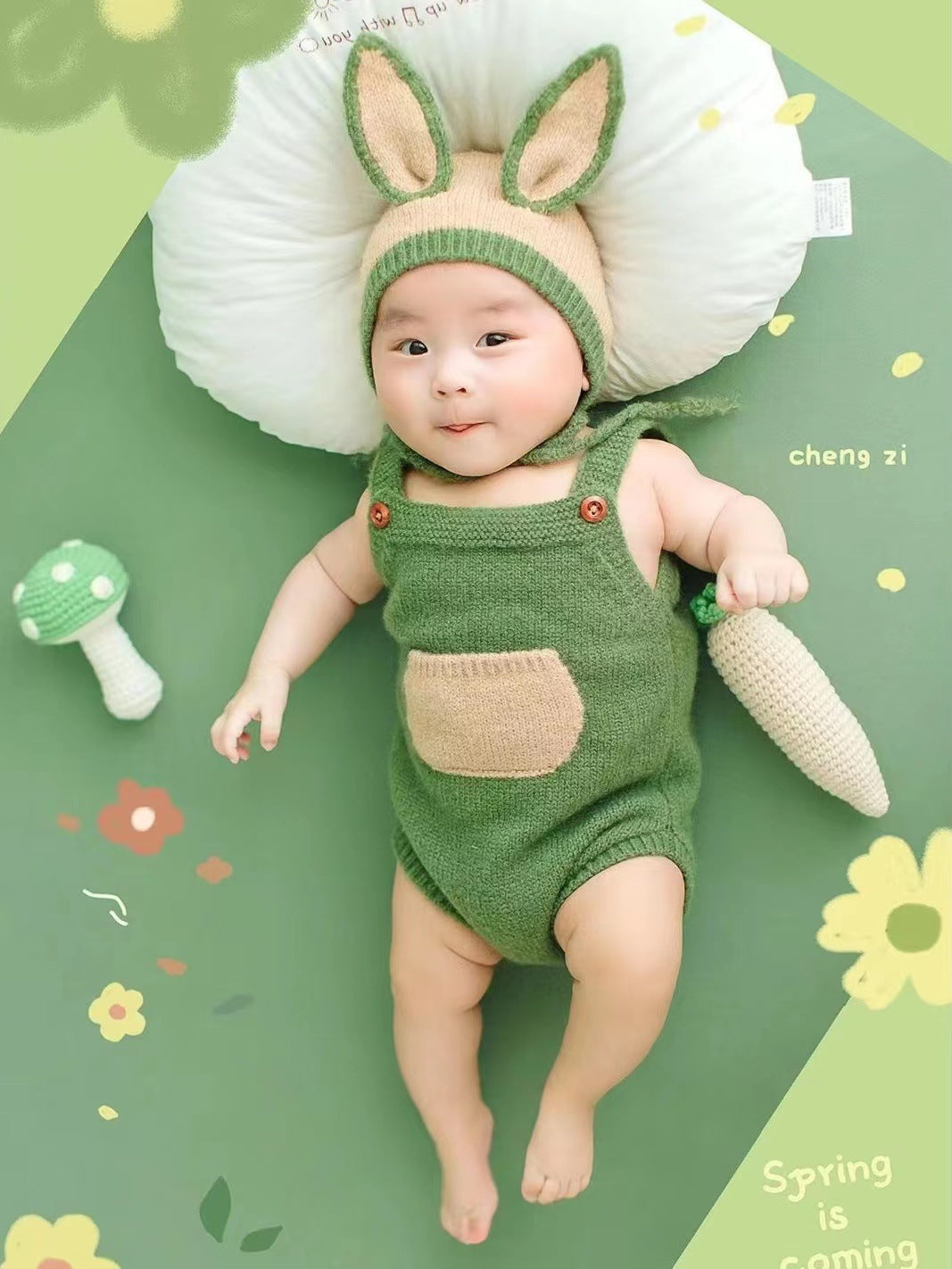 Newborn Woolen Knit Green Bib Pants Rabbit Ears Hat Set CL4