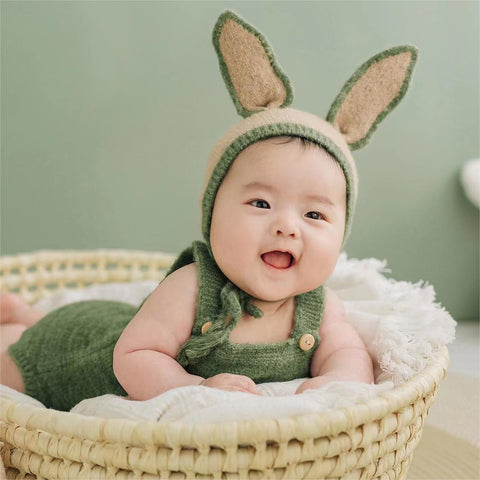 Newborn Woolen Knit Green Bib Pants Rabbit Ears Hat Set CL4
