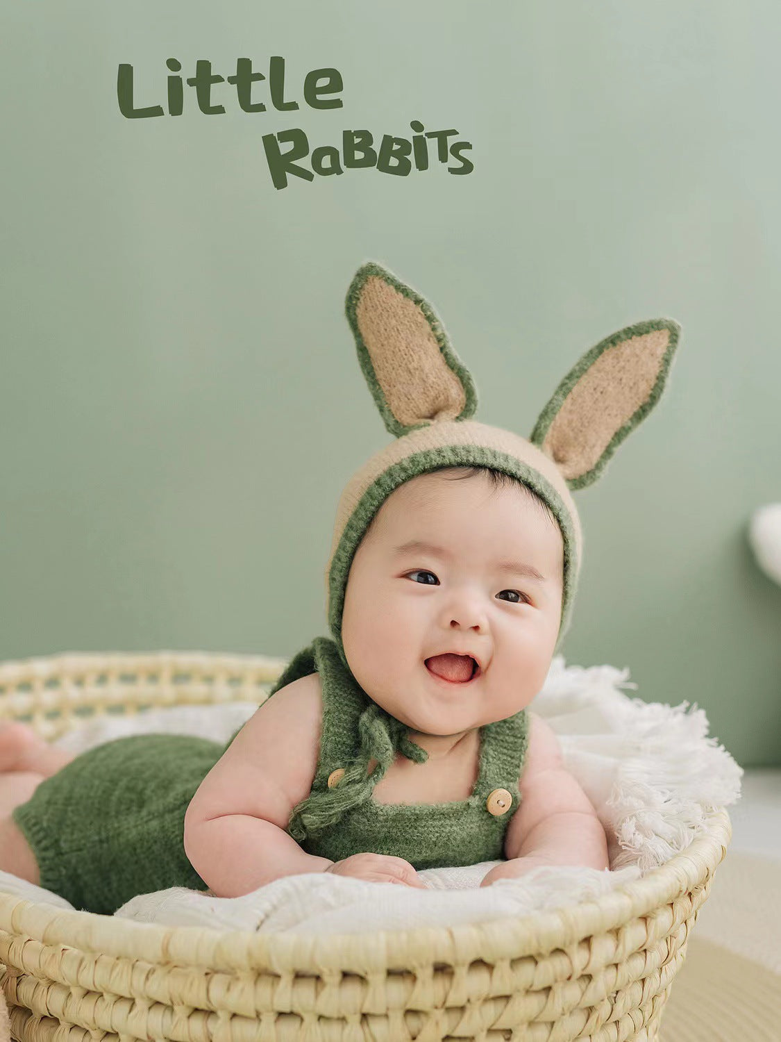 Newborn Woolen Knit Green Bib Pants Rabbit Ears Hat Set CL4