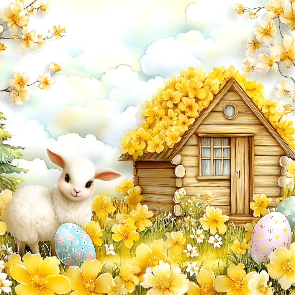 Easter Backdrop Happy Lamb Yellow Blossom Garden Backdrop UK CSH2-11