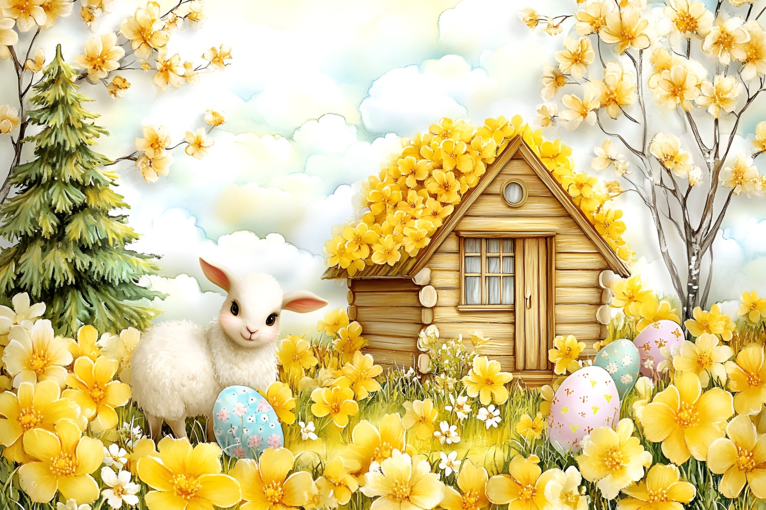 Easter Backdrop Happy Lamb Yellow Blossom Garden Backdrop UK CSH2-11