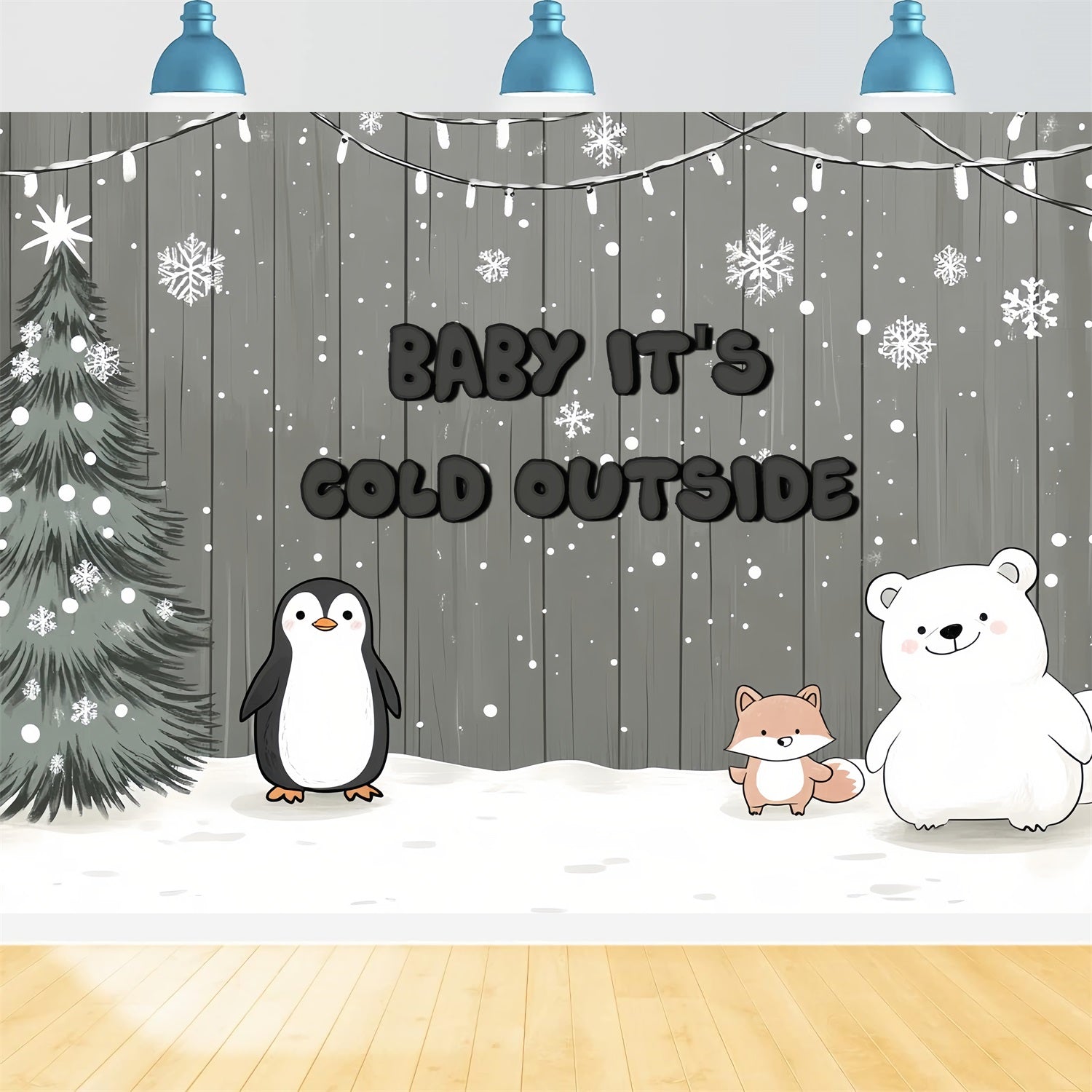 Rustic Baby Shower Backdrop Snowflakes Polar Animals Backdrop UK CSH2-124