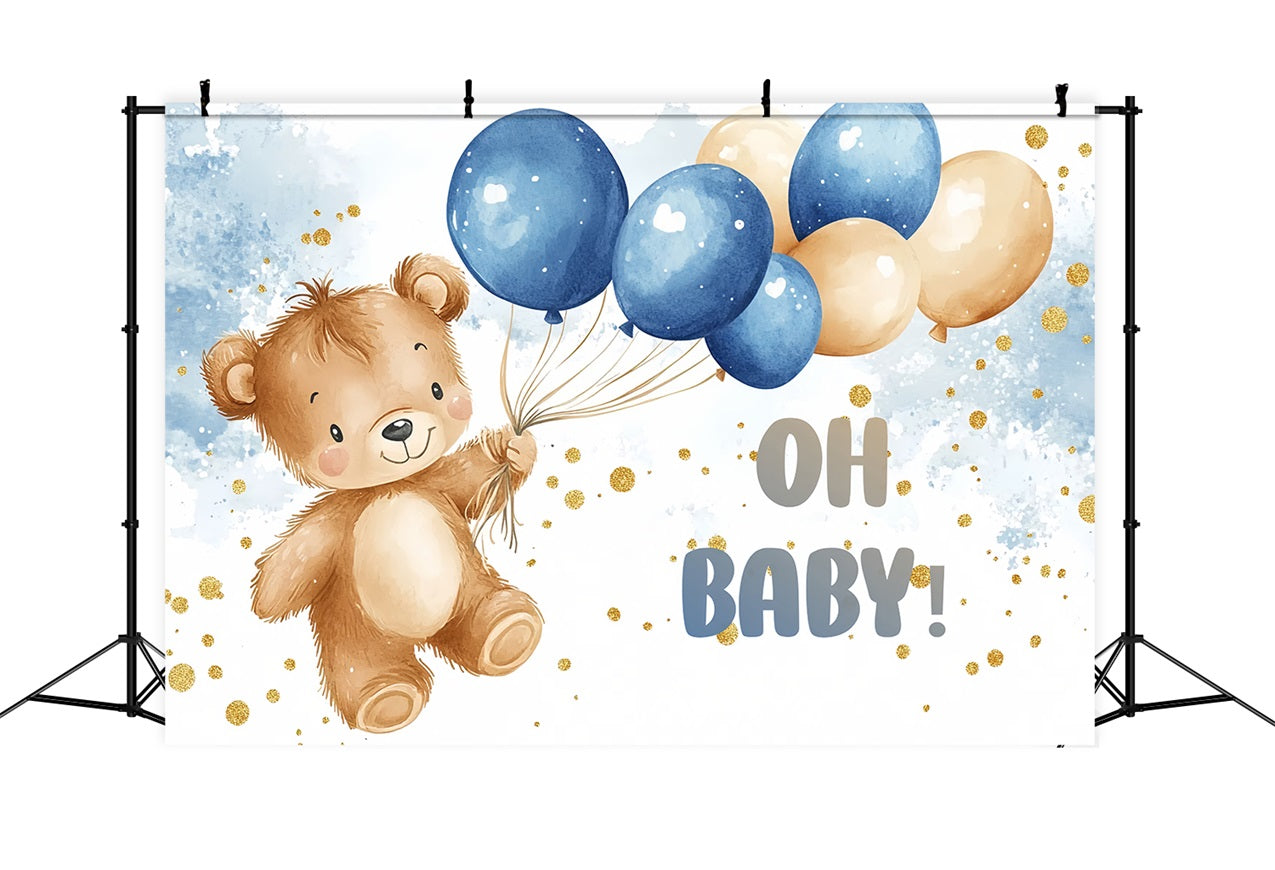 Baby Shower Balloon Backdrop Bear Blue Gold Backdrop UK CSH2-126